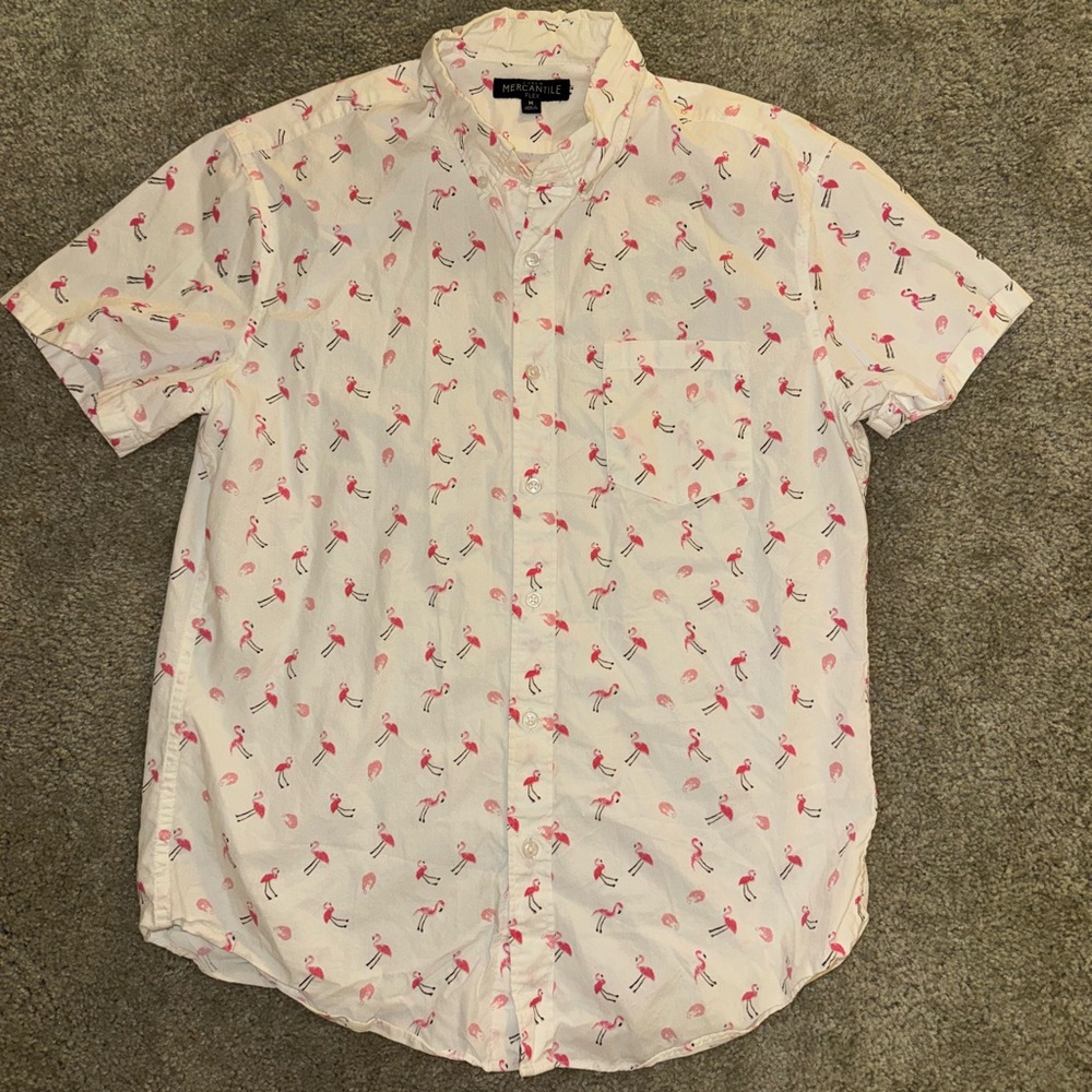 J. Crew Mercantile Flex Medium Short Sleeve Button Down Shirt Pink Flamingos